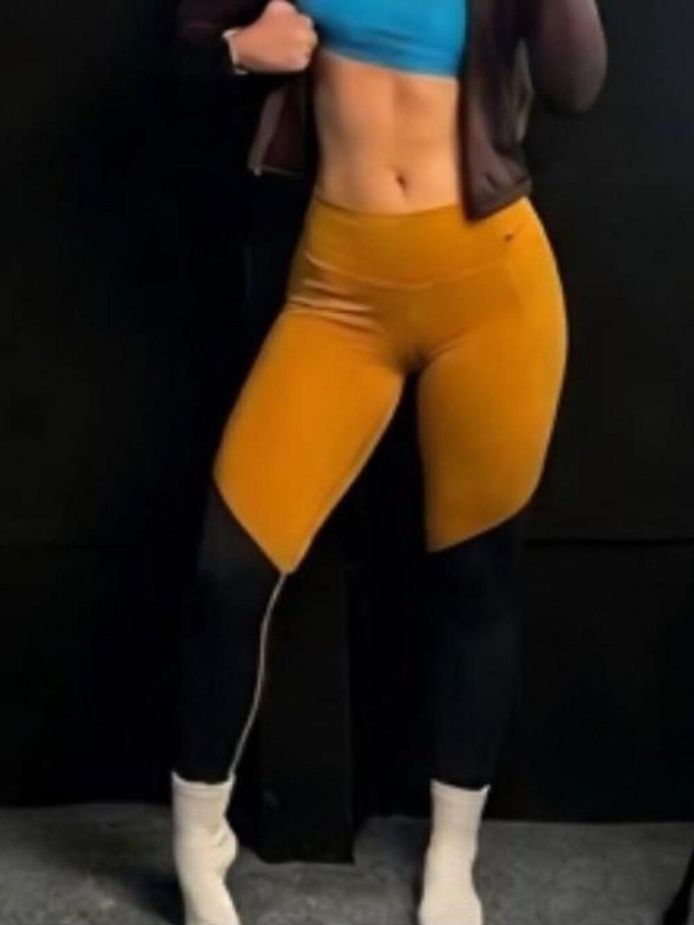 Nike Dri-Fit Mustard Yellow Black Graphic Colorblock Leggings Size L
